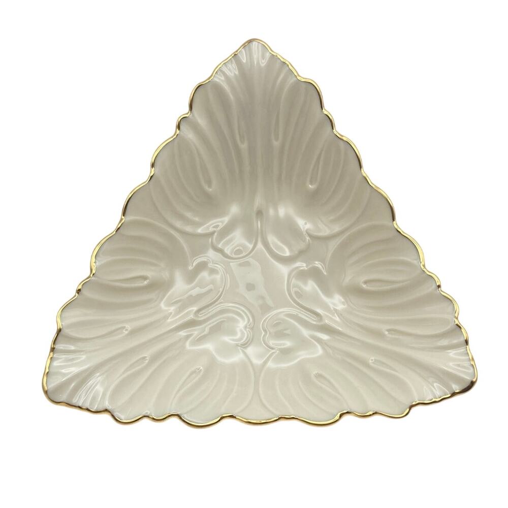 VTG Lenox Triad Collection Porcelain Leaf Trinket Candy Dish Ivory Gold Trim